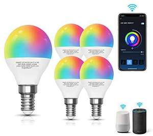Aigostar 5 pack Bombilla LED inteligente WiFi G45， 5W， 350lm， E14 rosca delgada， RGB+CCT