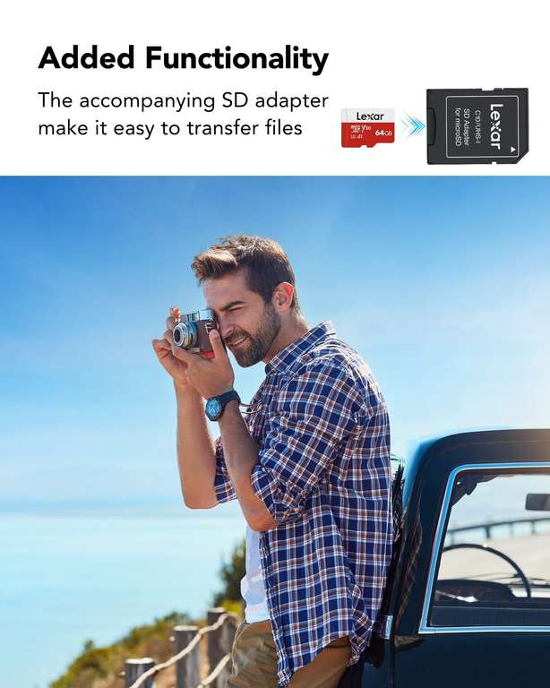 Lexar Tarjeta Micro SD de 64 GB, Tarjeta Micro SD de hasta 100 MB/seg, Tarjeta de Memoria microSDXC con Adaptador SD, A1, U3, C10, V30