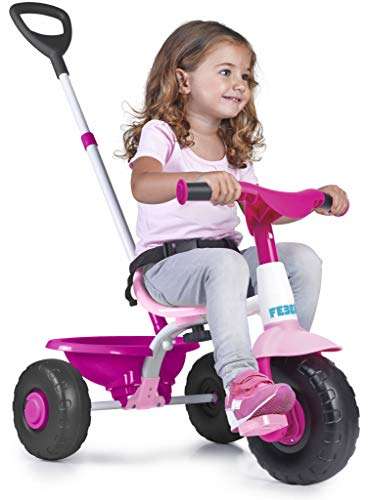 FEBER- Triciclo Trike 2 niñas de 1 a 3 años, Color Rosa o azul, amarillo,rojo y blanco (Famosa 800012811)