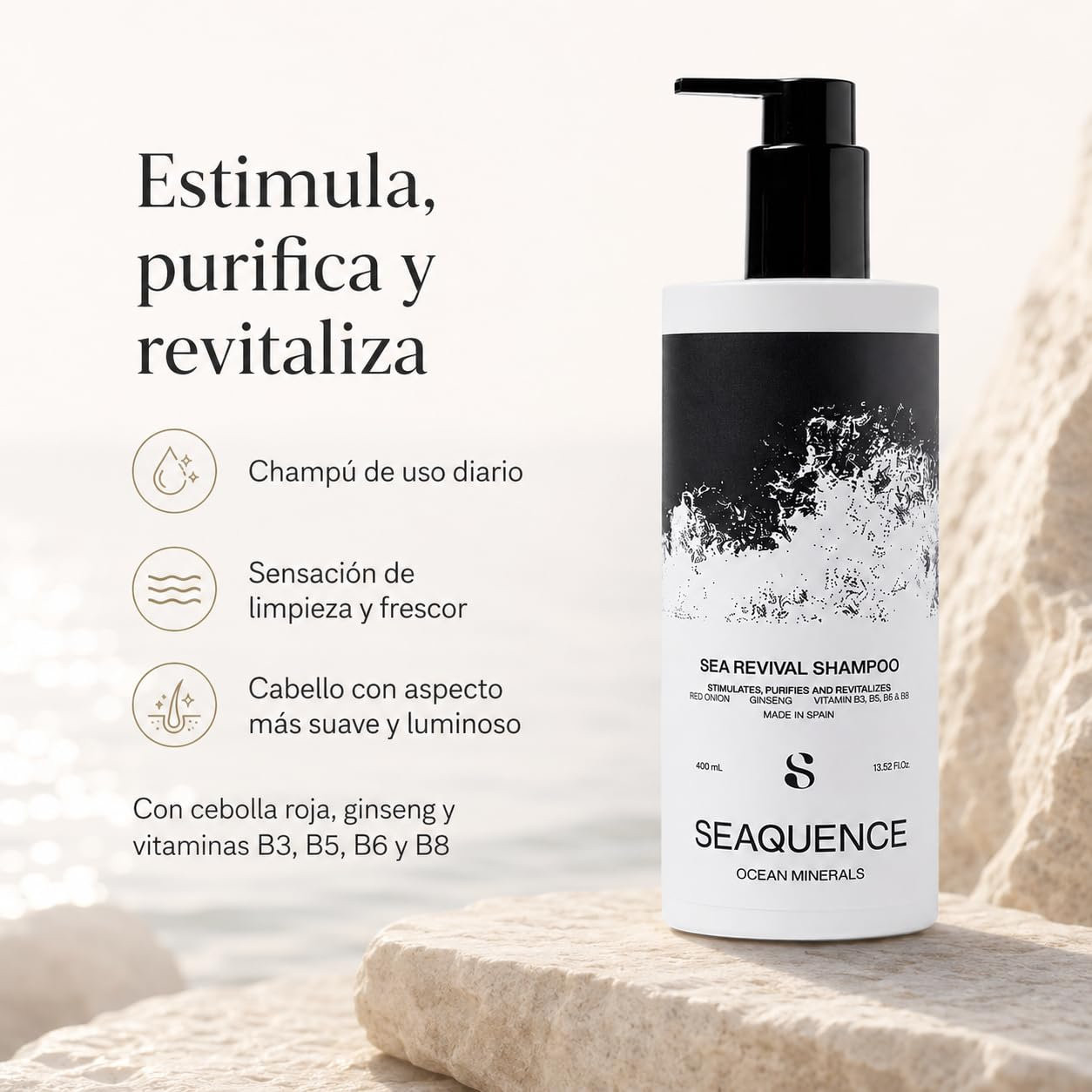 SEAQUENCE Sea Revival Shampoo 400 ml | Champú Revitalizante con Ormus Marino, Ocean Trace Minerals, Cebolla Roja, Ginseng y B3 B5 B6 B8
