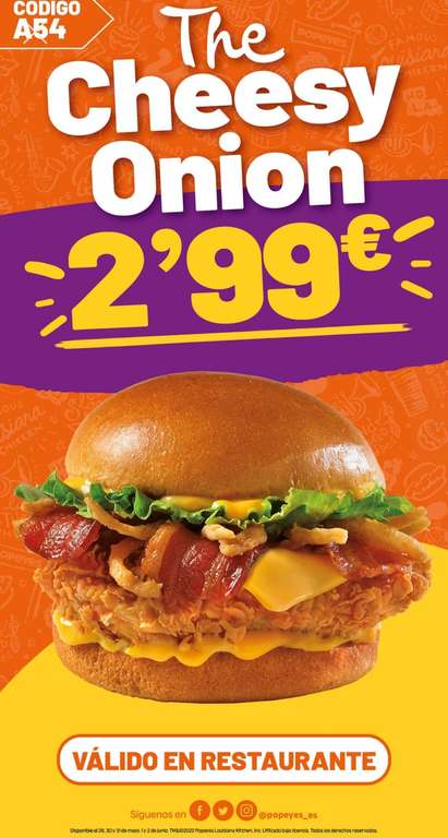 (Popeyes) Hamburguesa The Cheesy Onion a 2,99€ hasta el jueves!!
