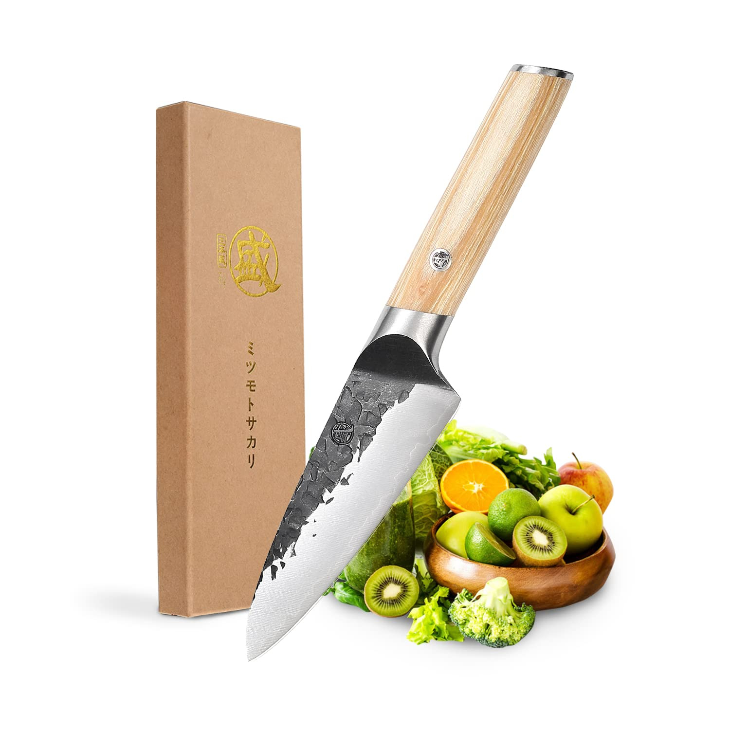 MITSUMOTO SAKARI Cuchillo Japones Profesional de Acero al Carbono, 11 cm Forjados a Mano (Mango de Pakkawood y Caja de Regalo)
