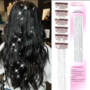 Oropel para el cabello con Clip de piezas, extensiones de cabello de 20 pulgadas con purpurina colorida (paquete de 6)