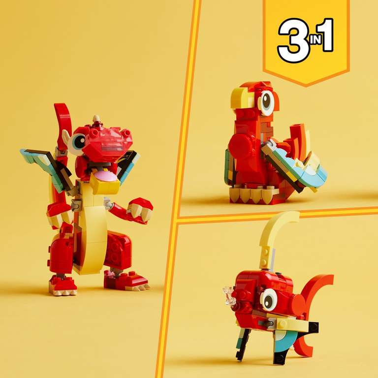 LEGO Creator 3 en 1 Dragón Rojo de Juguete Convertible en Figura de Pez o Ave Fénix