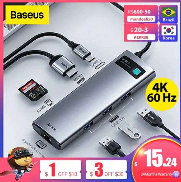 Baseus-HUB USB tipo C a HDMI, adaptador multifunción compatible con USB 3,0 8 en 1