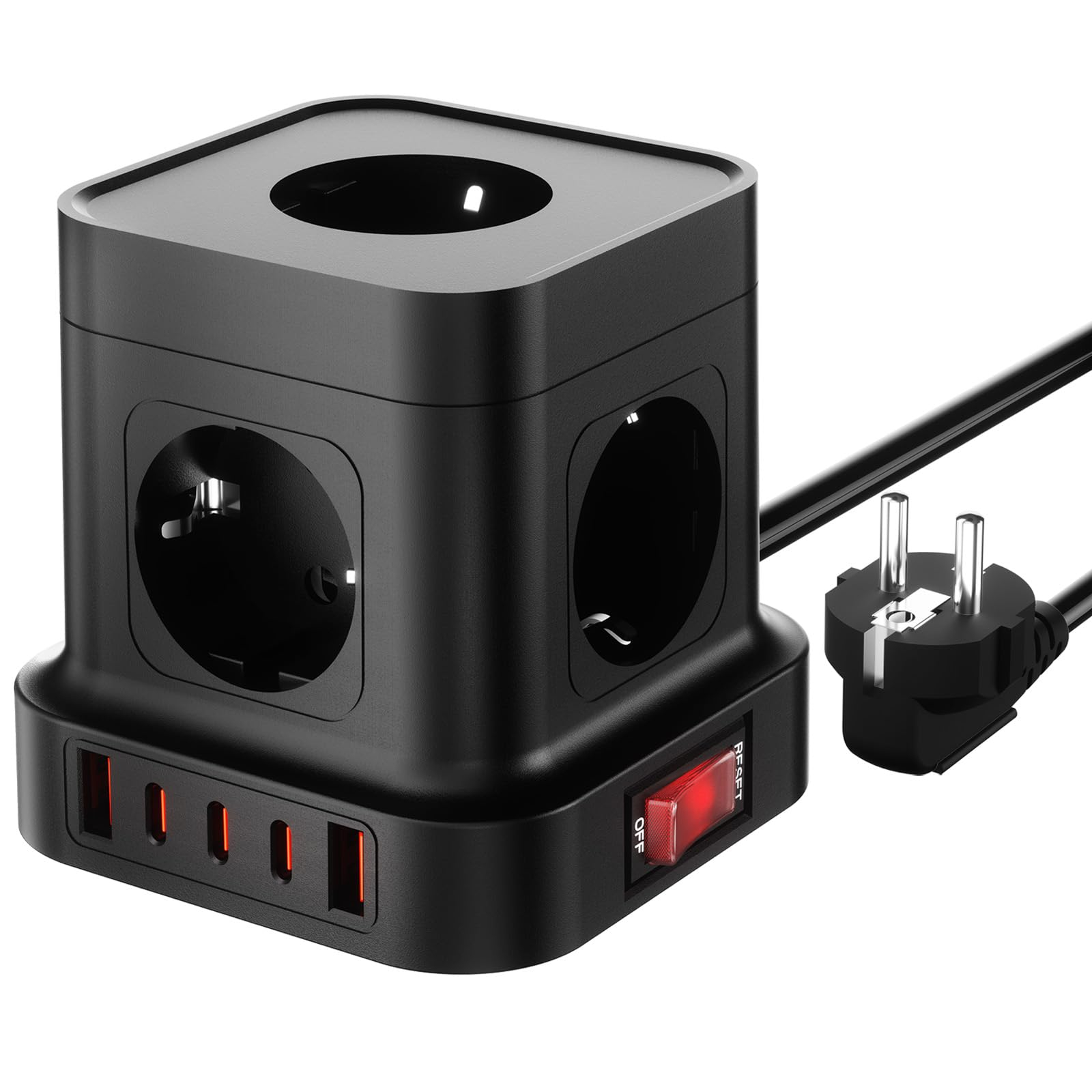 Regleta Cubo 10 en 1 (5 Tomas, 3 USB-C y 2 USB-A), 4000W- Alargador Enchufe 2m, con Interruptor (tb en blanco)