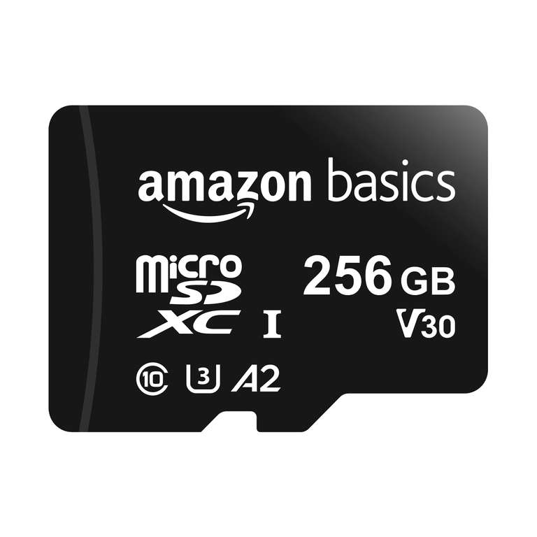 Amazon Basics - MicroSDXC, 256 gb, con Adaptador SD, A2, U3, velocidad de lectura hasta 100 MB/s