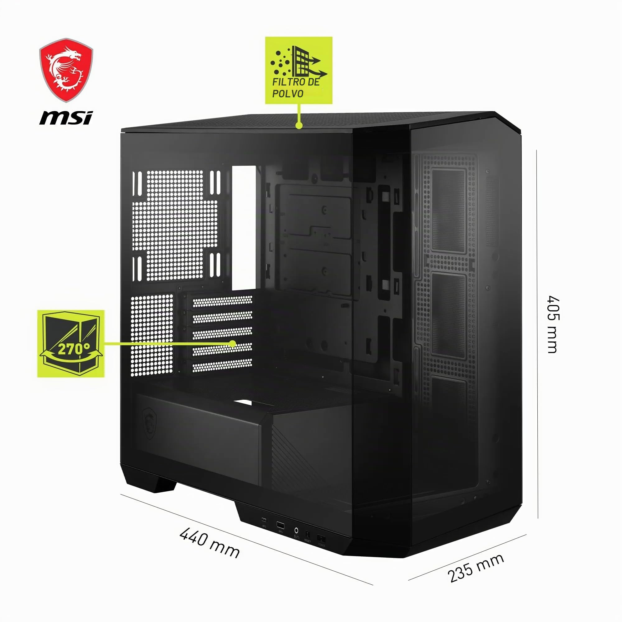 Caja PC MSI MAG PANO M100L PZ Micro-ATX (Cristal panorámico 270°, placa con conectores traseros, soporte RL 360mm, en Amazon España)