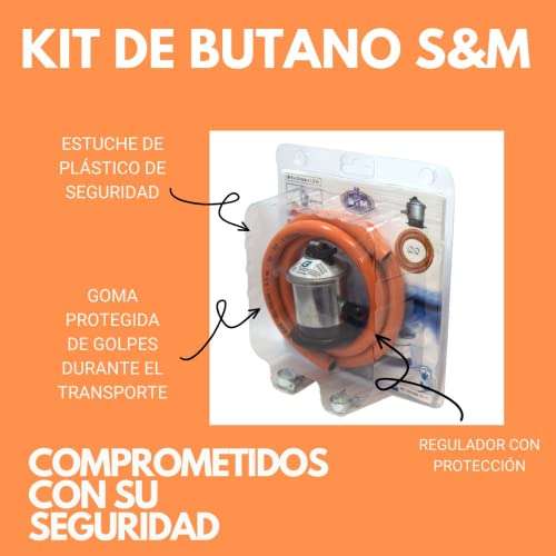 S&M 321771 Kit completo Regulador de gas butano+ Tubo Goma 1,5 metros + 2 abrazaderas de seguridad, Gris/Naranja