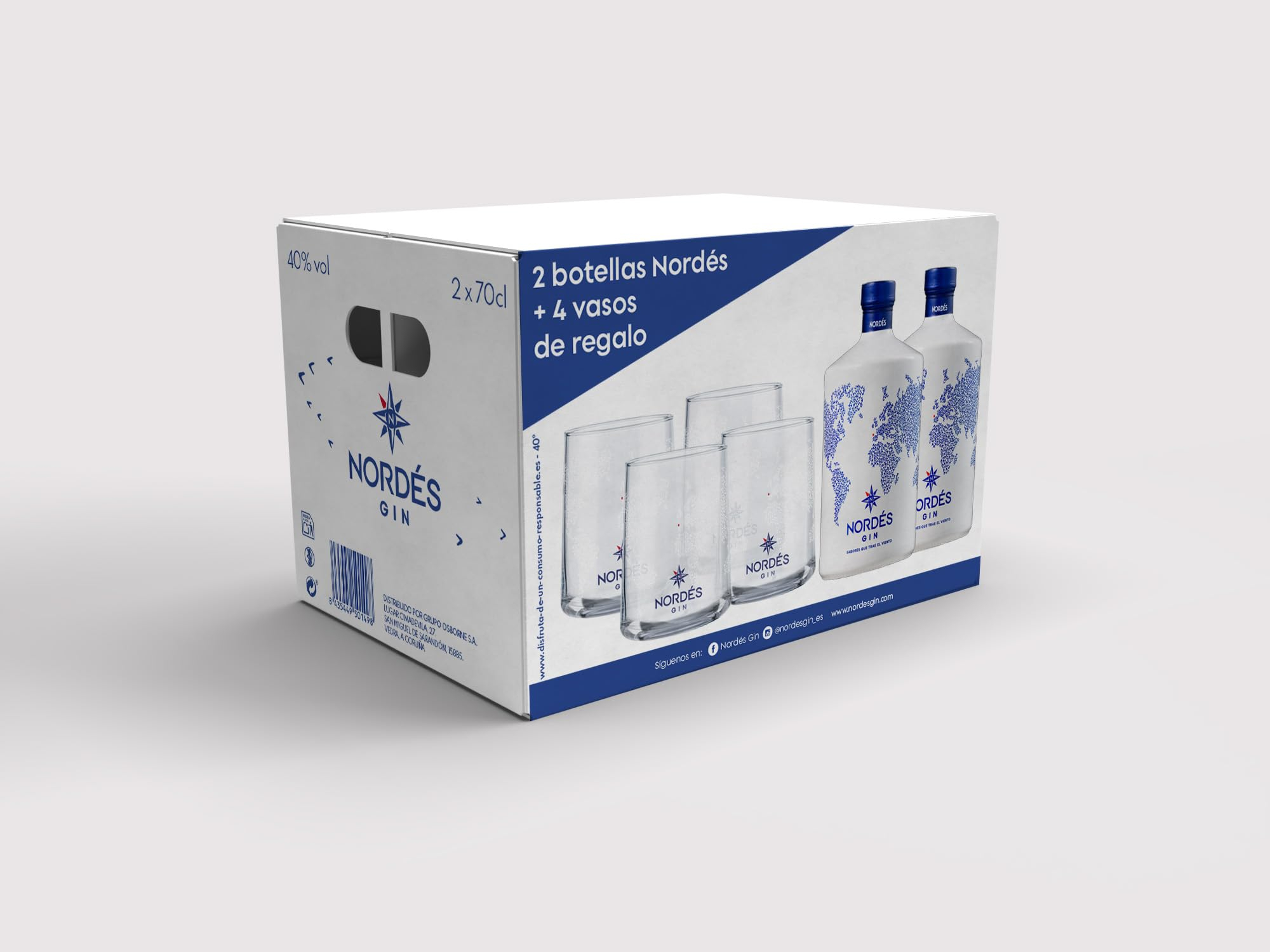 Ginebra Premium Nordés con 4 Vasos de Regalo - Pack de 2 Botellas de 70 cl.