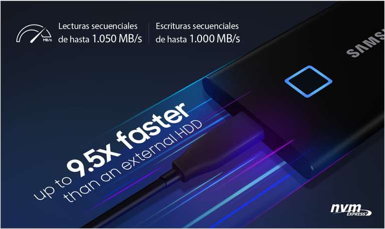 Disco duro SSD externo 1 TB - Samsung T7, Externo, USB Tipo C, SSD, Rojo
