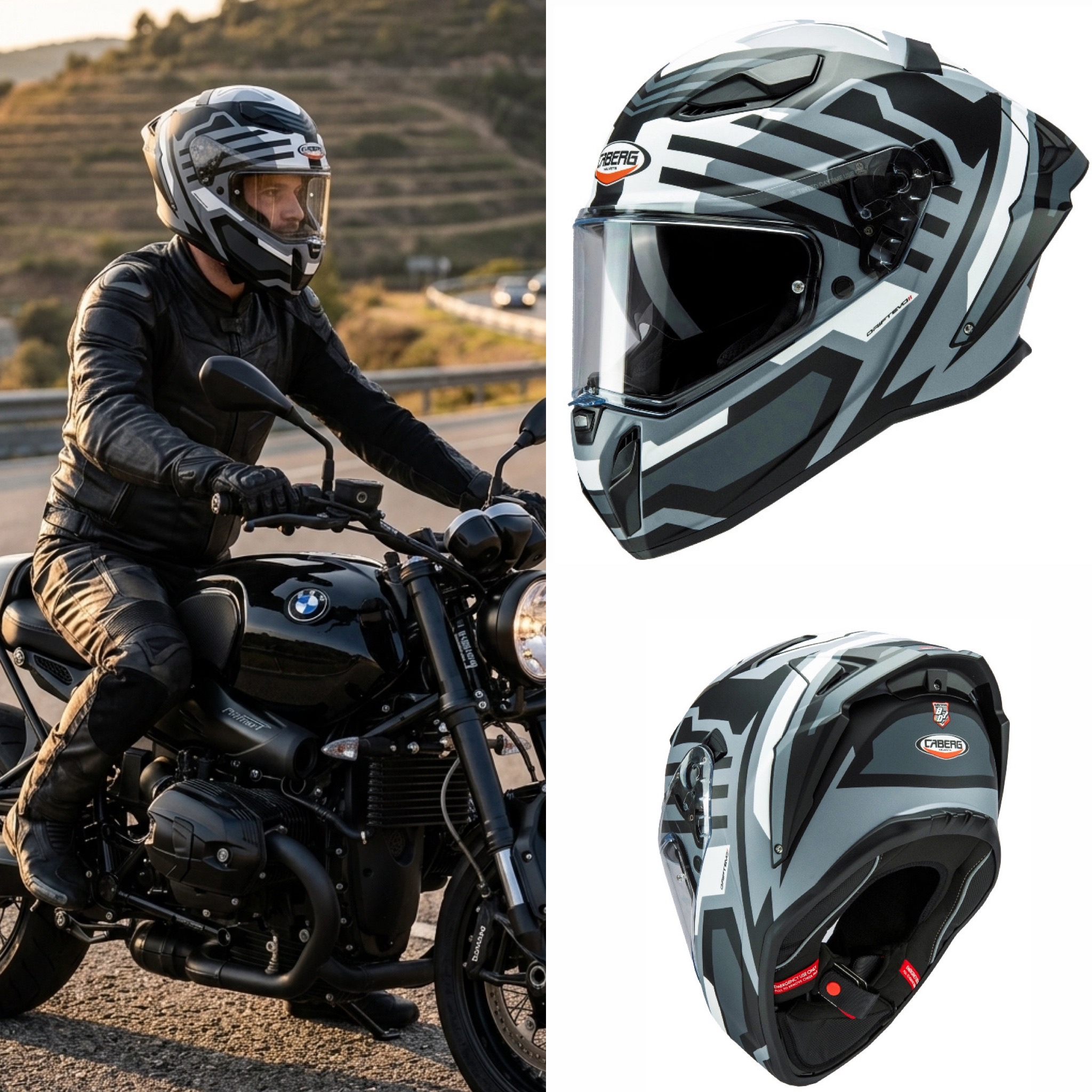 Casco de moto CABERG Drift Evo II "Horizon" | FIBRA | ECE22.06 | Con PinLock | DD + visor solar | Tallas de XS a 2XL