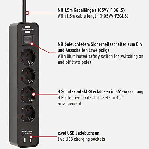 Brennenstuhl regleta enchufes con 4 tomas de corriente y función de carga USB. Cable 1,5 m. Negro [PRIME]