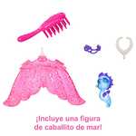 Barbie Mermaid Power Malibu Muñeca sirena con pelo azul, cola fantasía, caballito de mar, cepillo y accesorios de joyería