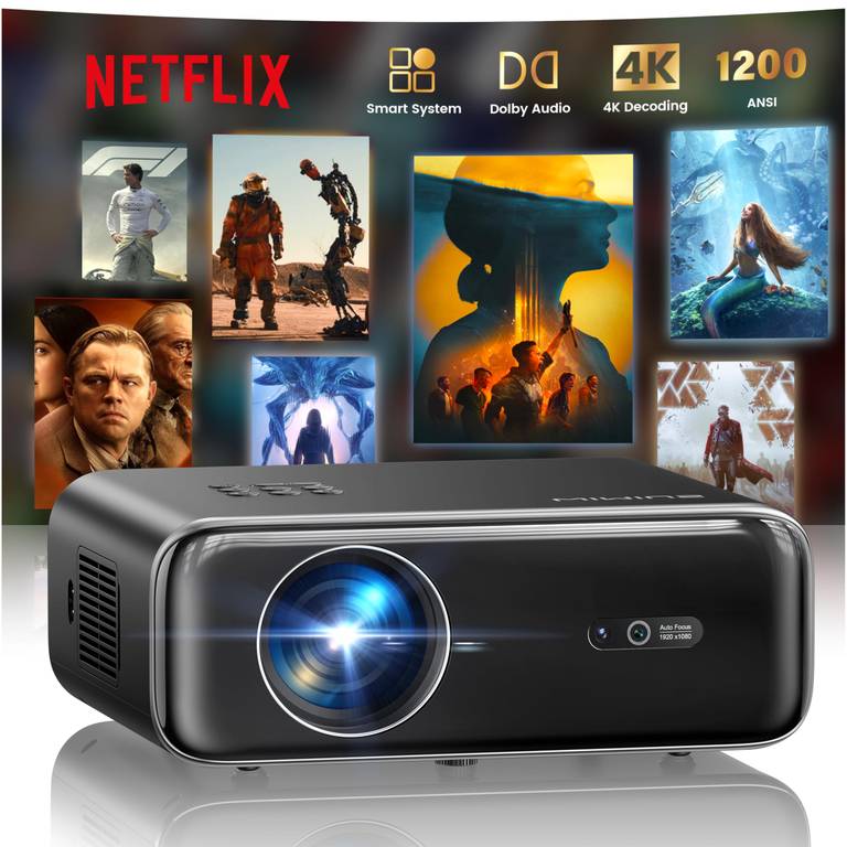 Proyector 4K【1400 ANSI/Netflix Incluido/Dolby】 Smart 4K Portátil Auto Focus/WiFi BT FHD 1080P, HDR10, WiFi6 Exterior /Doble HDMI/USB