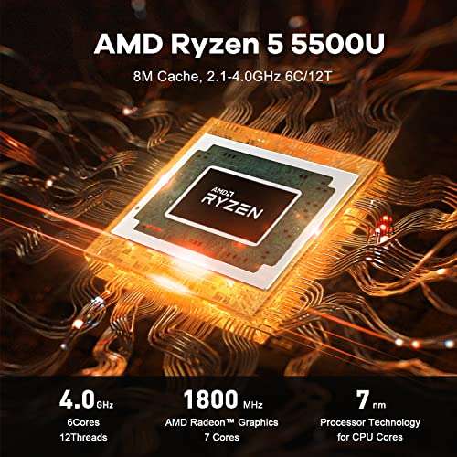 Mini PC, AMD Ryzen 5 5500U (6C/12T, máximo 4.0GHz), 16GB RAM 500GB
