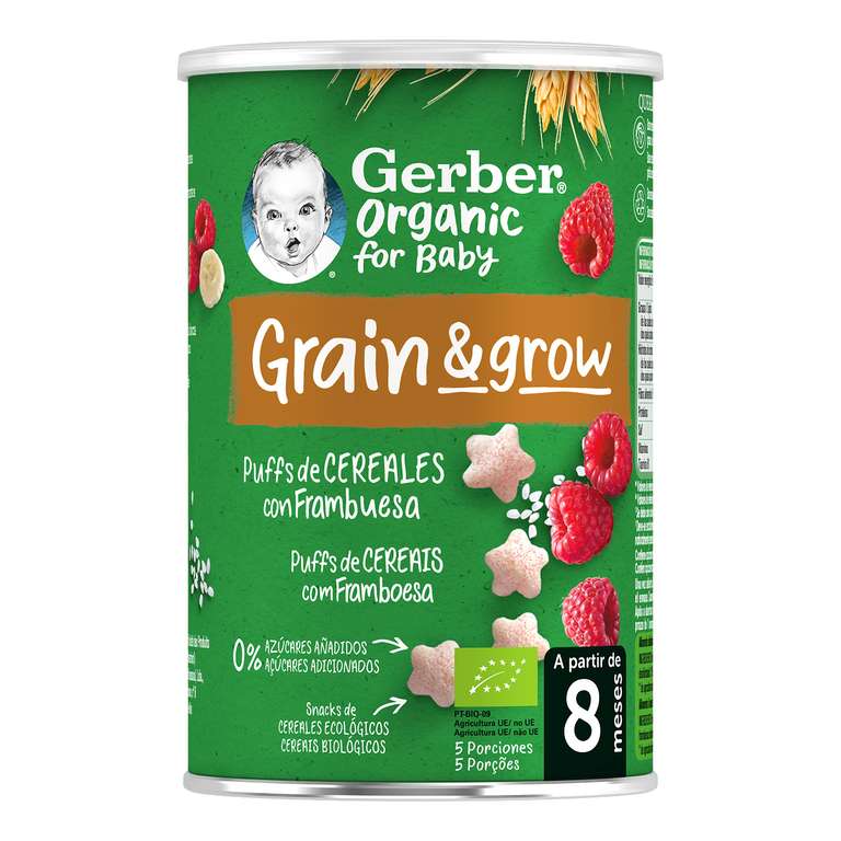 GERBER Organic Puffs Frambuesa y Plátano, Snack de Cereales para Bebés, Latitas 5x35g + REEMBOLSO de 6€ (Total 5,21€)