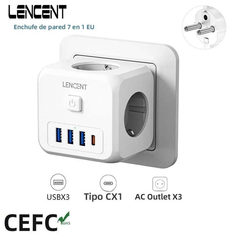Enchufe de pared 7 en 1 con 3 salidas de CA, 3 puertos USB y 1 tipo C, enchufe europeo, interruptor de encendido/apagado.