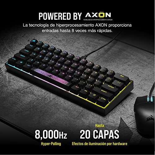 Corsair K65 RGB MINI 60% Teclado Mecánico con Cable para Juegos - Interruptores CHERRY MX ROJO - Teclados PBT Double-Shot- QWERTY ES - Negro