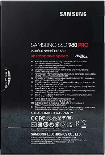 Samsung 980 PRO M.2 NVMe SSD, 2 TB, PCIe 4.0, 7,000 MB/s Read, 5,000 MB/s Write, Internal Solid State Drive