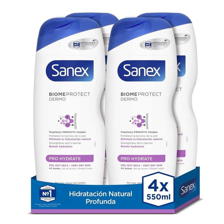 Sanex Biomeprotect Dermo Prohydrate, Gel de Ducha o Baño, Hidratante, Piel Muy Seca, Pack 4 Uds x 550ml