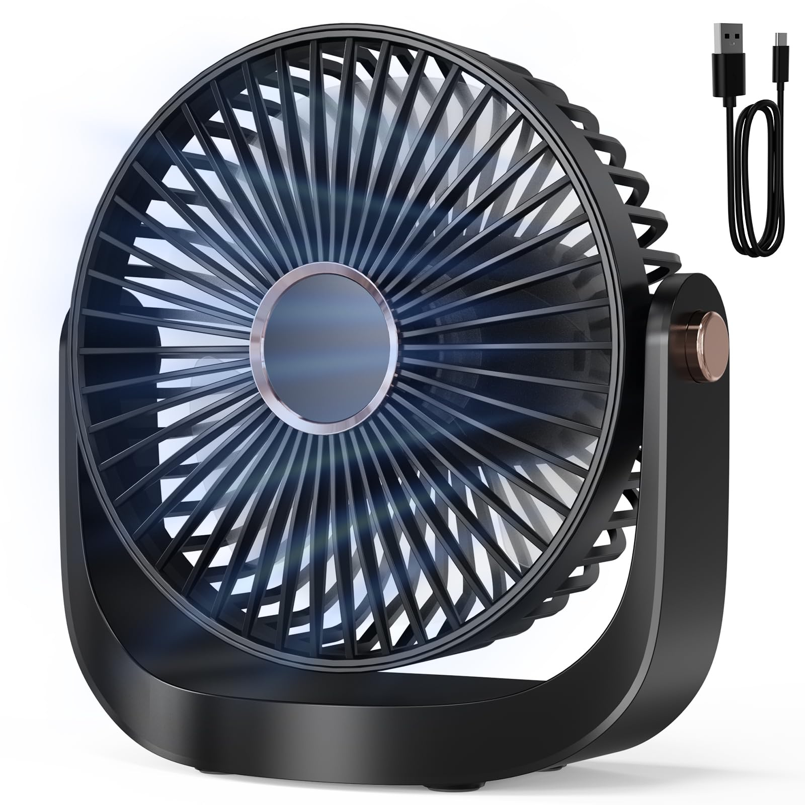 Ventilador de Mesa Portátil - 3000mAh Ventilador Sobremesa Silencioso USB con Luz Nocturna,5 Velocidades,Hasta 8h Rotación 360, bajo ruido