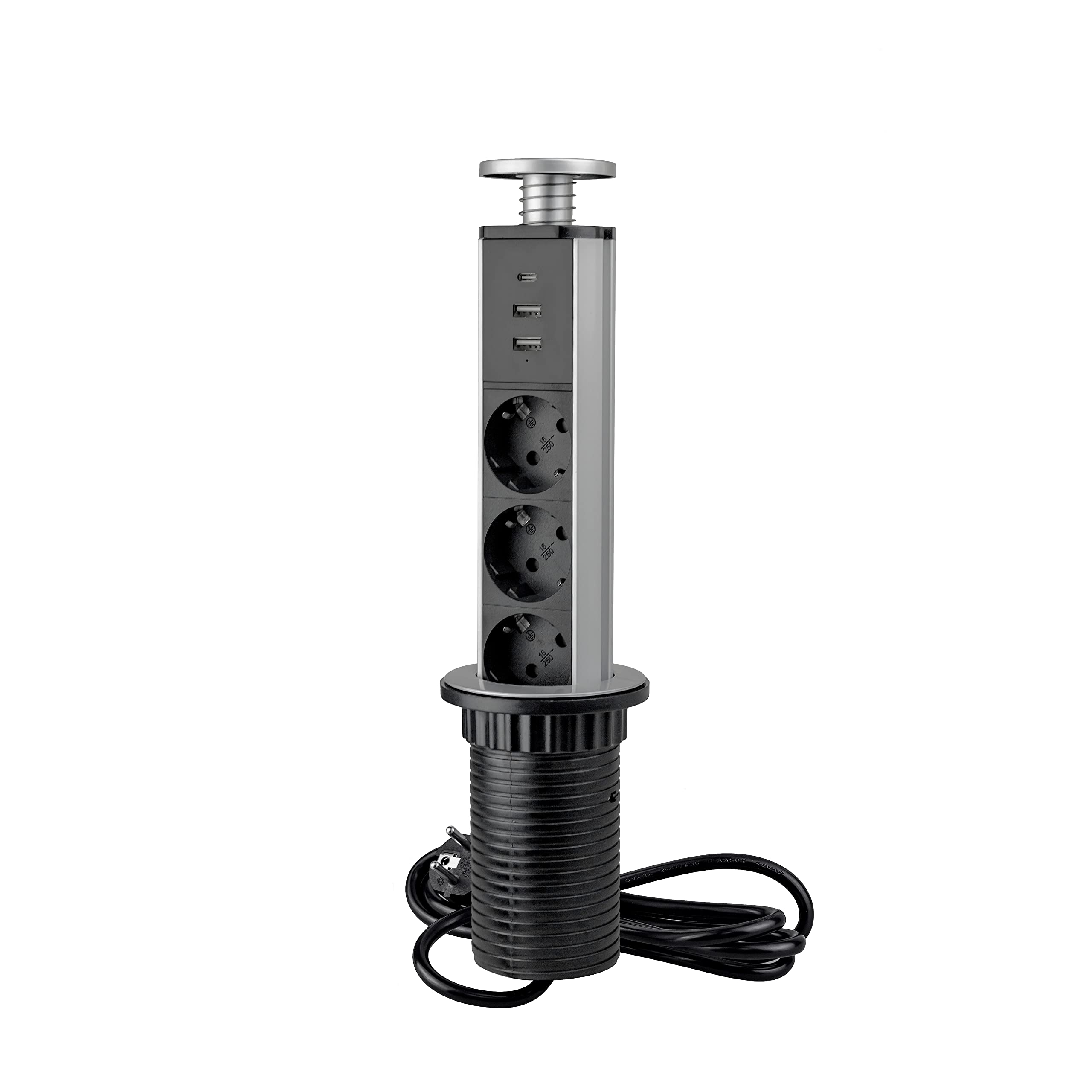 Emuca - Regletas Enchufe encastrable, Regleta multienchufe retráctil con Carga rápida, 3 enchufes EU y 2 USB A+1USB C