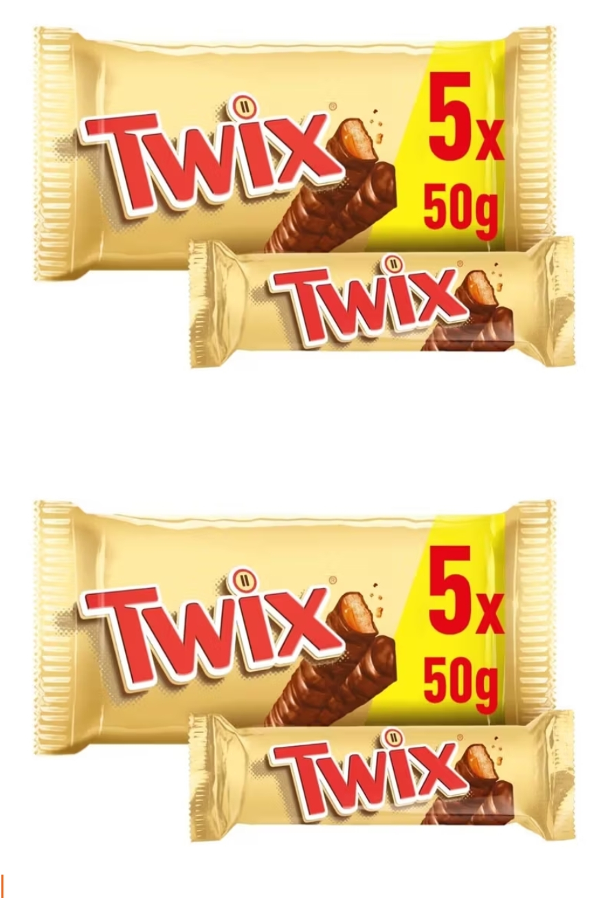 10 X Twix, Barritas de Chocolate con Leche, Galleta y Caramelo, 2 Pack de 5, Ideal para Calendarios de Adviento y Chocolates, 50 g