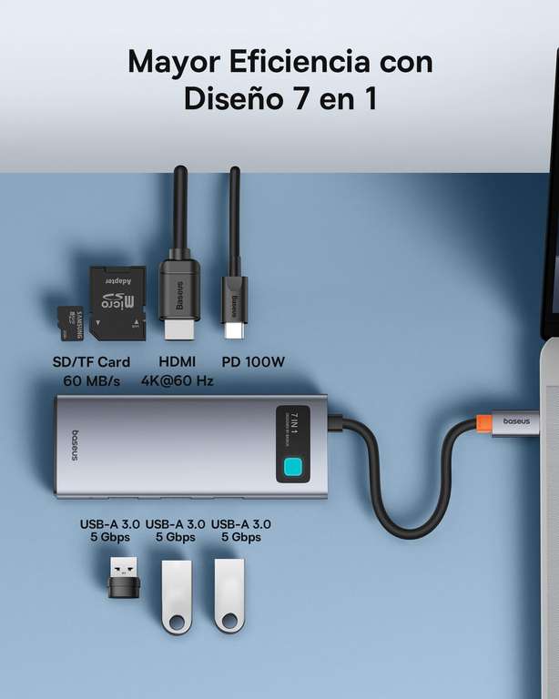Baseus Hub USB C 7 en 1 Adaptador con HDMI 4K@60Hz, PD 100W, 3 USB-A 3.0 5Gbps, Lector de Tarjetas SD/TF