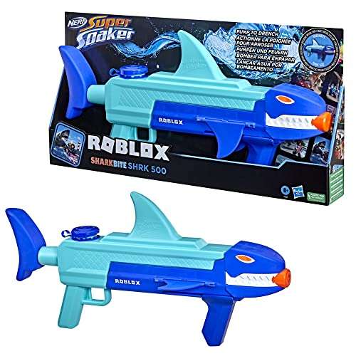 Nerf Super Soaker, Blaster de Agua Roblox Sharkbite: SHRK 500, Incluye código para Objeto Virtual Exclusivo, Mecanismo de Bomba Multicolor