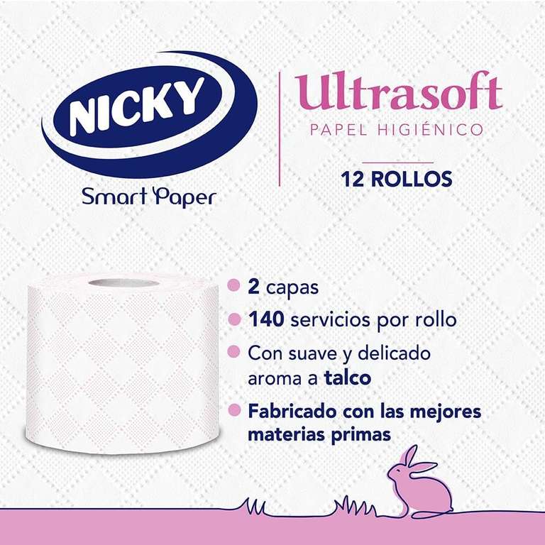Nicky Ultrasoft Papel Higiénico. 12 Rollos, 140 Hojas de 2 Capas, Aroma Talco, Dermatológicamente Testado, Celulosa 100% Pura (+ en descrip)