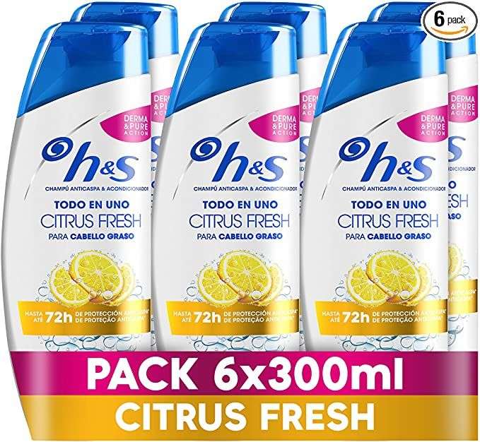 H&S Citrus Fresh Todo En Uno Champú Anticaspa y Acondicionador Para Pelo Graso, 6 x 300 ml