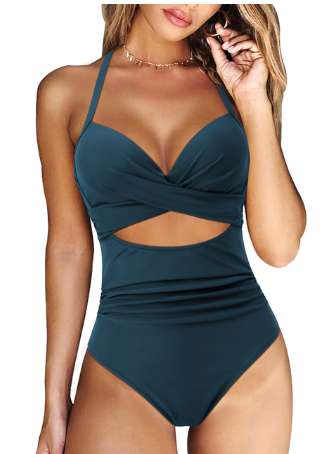 Bañador de una pieza con realce para mujer, traje de baño recortado de cintura alta, ropa de playa XL, Monokini con cuello Halter, 2023