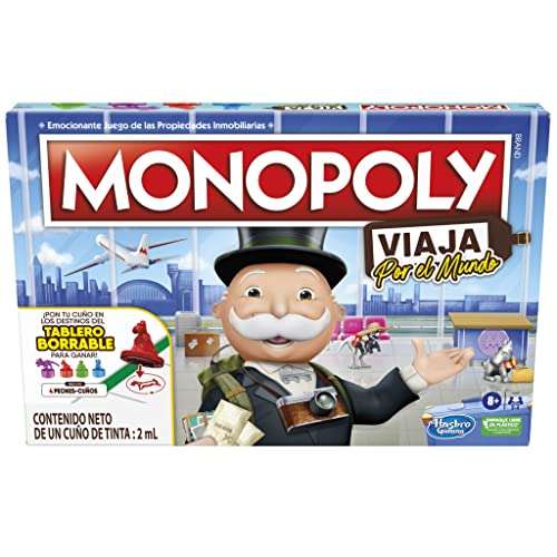 Monopoly Viaja por el mundo - con peones-cuños y tablero borrable, juego de mesa para toda la familia, +8 años