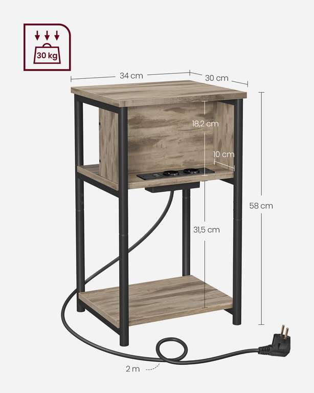 Mesa Auxiliar Con Enchufes Y Puerto Usb Con Tablero Plegable Estante Y Bolsa De Tela Para Salon Y Dormitorio Marron Rustico Y Negro 88012427