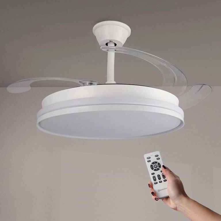 Ventilador de Techo White Cami Retráctil con Luz LED CCT Ø107 cm, Mando 6 Velocidades, Aspas Plegables, Temporizador Verano/Invierno