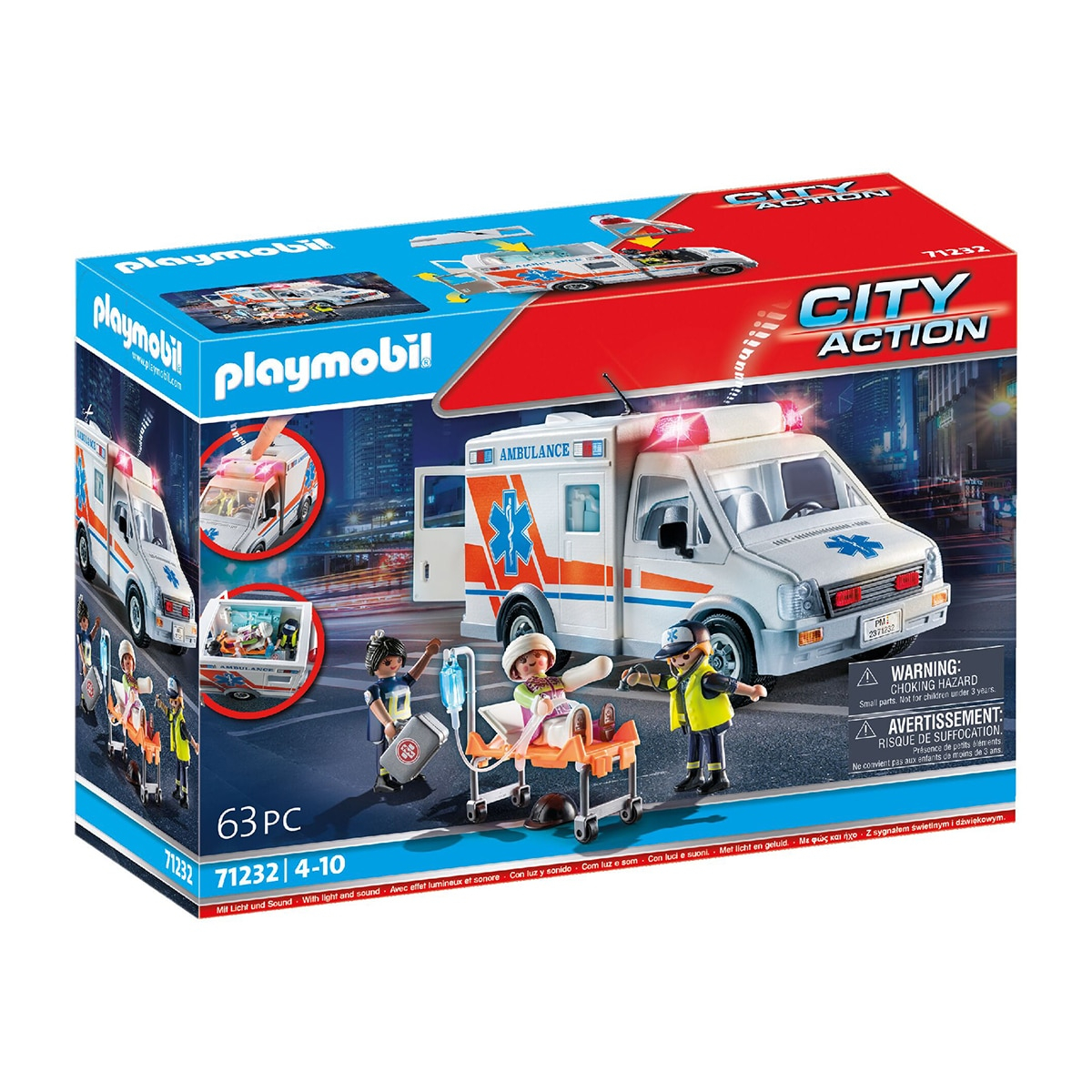 Playmobil City Life 71202 Ambulancia con luz y sonido - 3 figuras, camilla, desfibrilador y accesorios sanitarios, a partir de 4 años