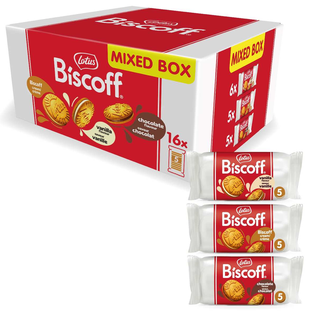 Lotus Biscoff Galletas Sándwich Paquete Variado | 3 Sabores | 16x50g (800g) 5 x Crema Lotus Biscoff, 5 x Chocolate y 6 x Vainilla