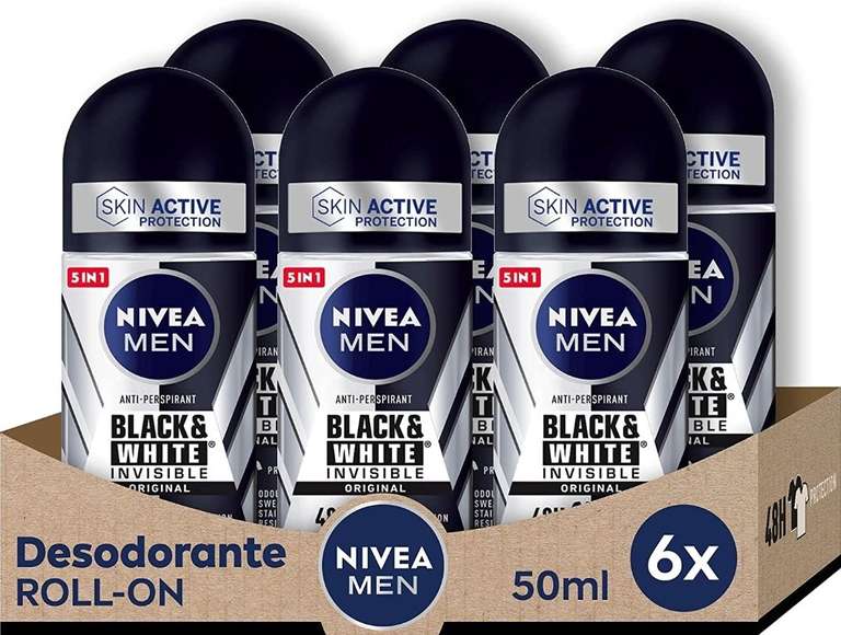 NIVEA MEN Black & White Invisible Original Roll-on pack de 6 (6 x 50 ml), desodorante antimanchas de cuidado masculino