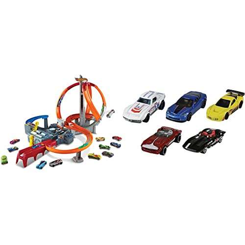 Hot Wheels Pista de Coches de Juguetes Spin Storm con Dos lanzadores y Dos loopings (Mattel CDL45) & Pack de 5 vehículos, Coches de Juguete