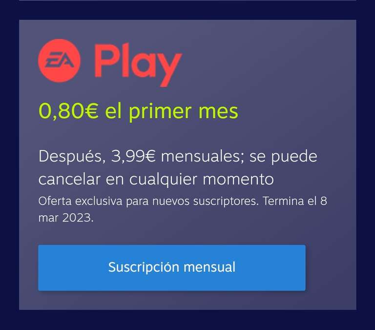 EA Play 1 mes por solo 0.80€ nuevos suscriptores
