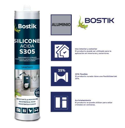 Bostik SIL S305 ÁCIDA, Silicona Ácida Especial Acristalamiento y Sanitarios, Resistente al Moho, Aluminio Cartucho 280 mL