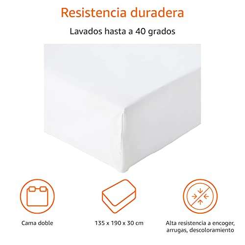 Amazon Basics FTD, Sábanas Ajustables, 135 x 190 x 30 cm, Blanco Brillante