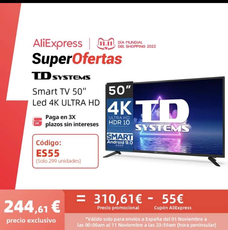 Smart TV TVs 50 pulgadas TD Systems K50DLG12US. TV UHD 4K HDR (DESDE ESPAÑA)