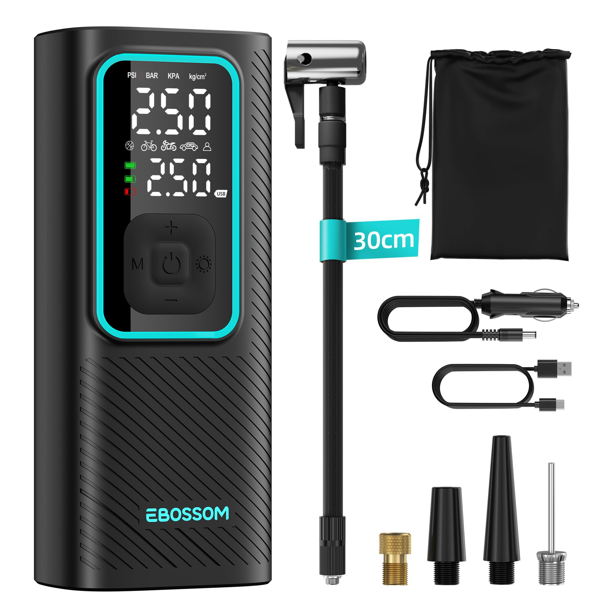 Compresor Aire Portátil de 10,3Bar, Inflador Ruedas Coche a Batería 6000 mAh y 12V DC