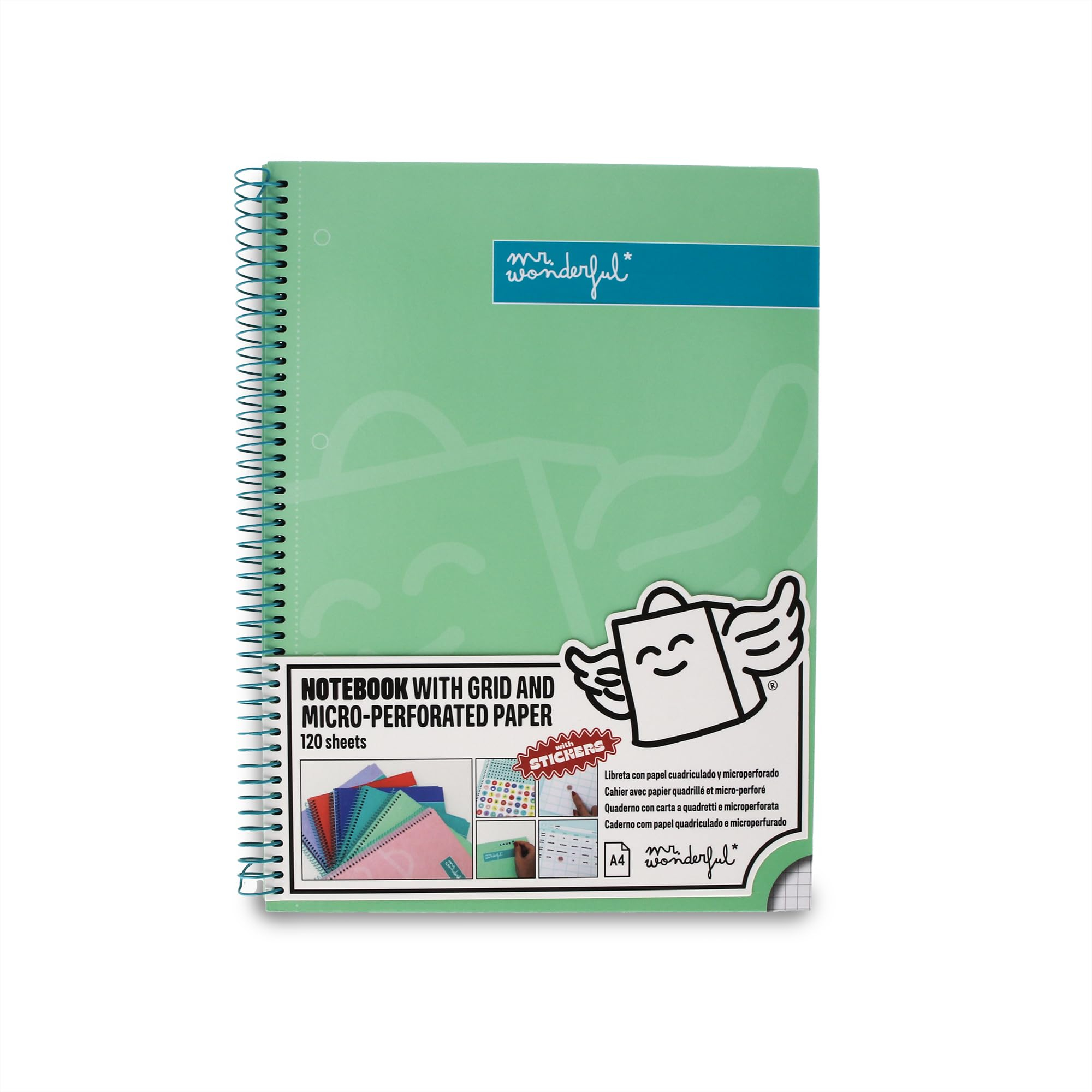 Mr. Wonderful - Libreta A4 Verde - 240 páginas cuadriculadas Microperforadas - Tapa Extradura - Encuadrenación en Espiral- Incluye pegatinas