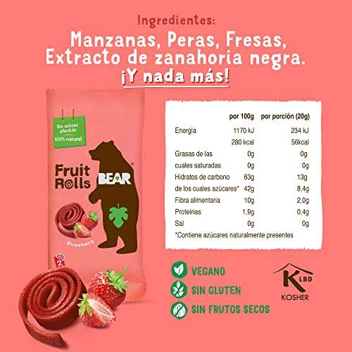 Rollitos de Fruta Sabor Fresa - Ingredientes 100% Naturales - 18 bolsitas de 20g - 360g