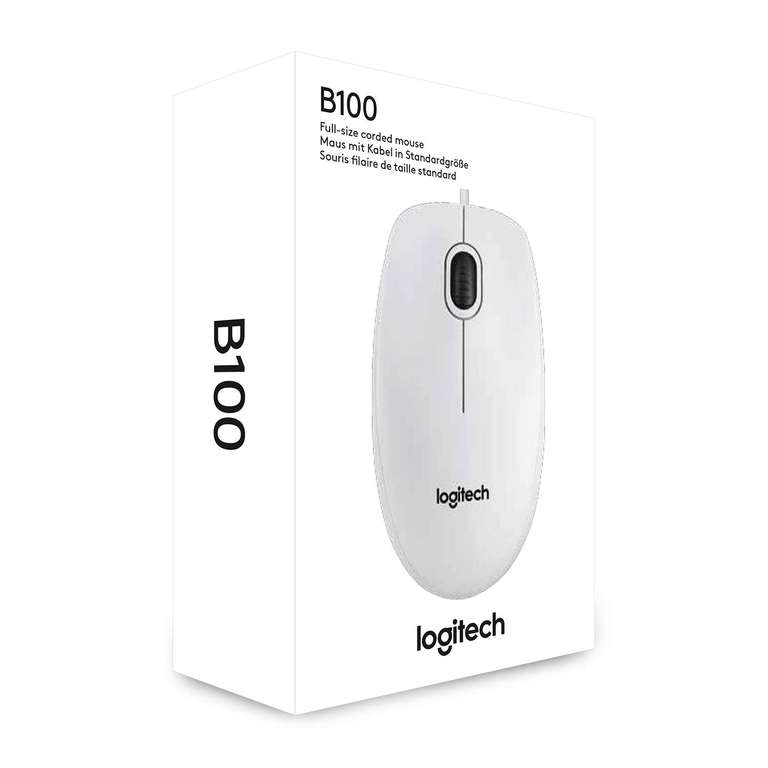 Logitech B100 Ratón con Cable, 3 Botones, Seguimiento Óptico, Ambidiestro, PC/Mac/Portátil/Chromebook - Blanco