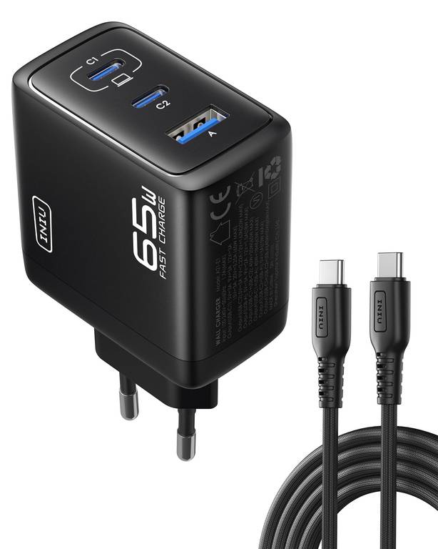 INIU Cargador USB C GAN 65W, 3-Puertos Cargador Rápido Compacto con Cable USB C de 100W 1.5m