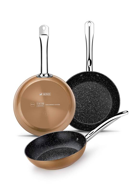 Monix Copper Set de 3 Sartenes 20-24-28 cm, Efecto Cobre, Aluminio Forjado Antiadherente